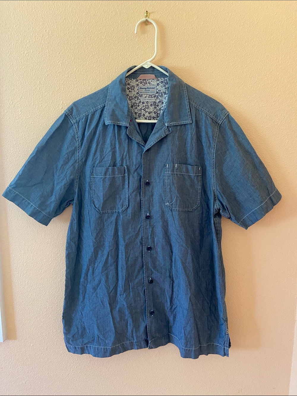 Mens Tommy Bahama Blue Denim Button Down Shirt, Island Modern Fit, Size Large